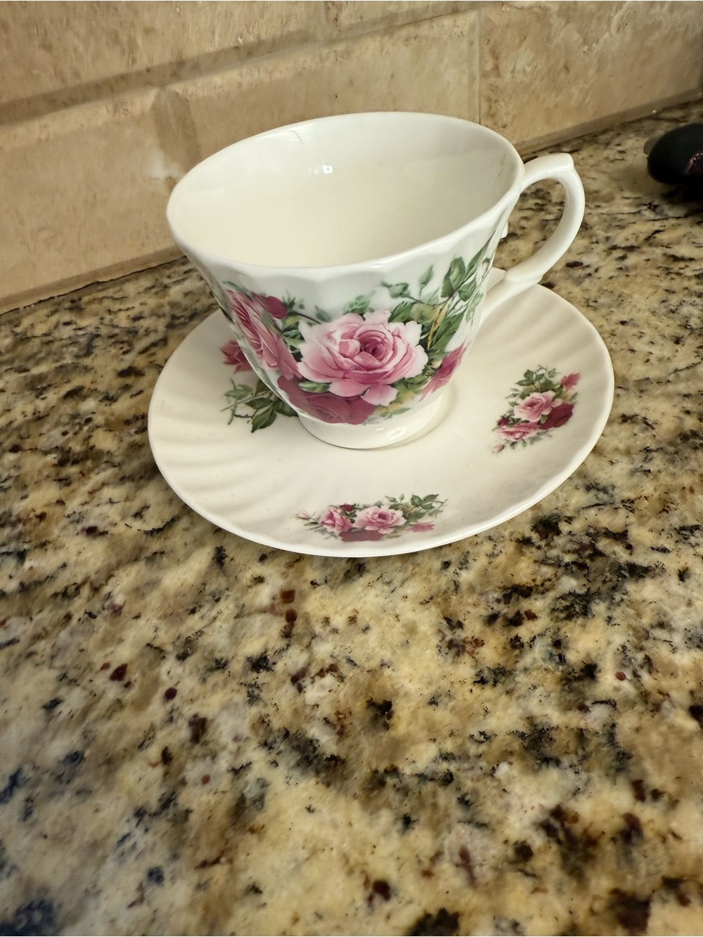 Classic Rose Pattern Teacup and Saucer - White with Pink Roses